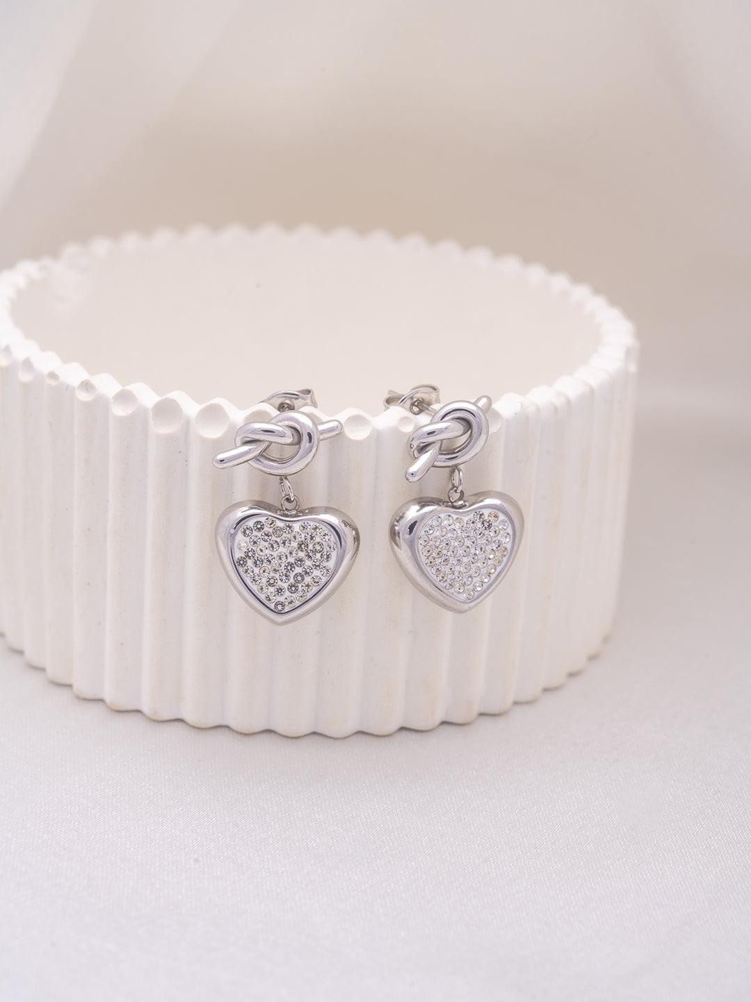 Knot Heart Charm Earrings Silver