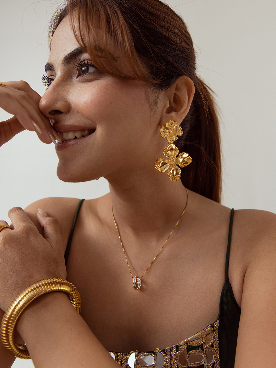 Textured Sunflower Drop Earrings Gold